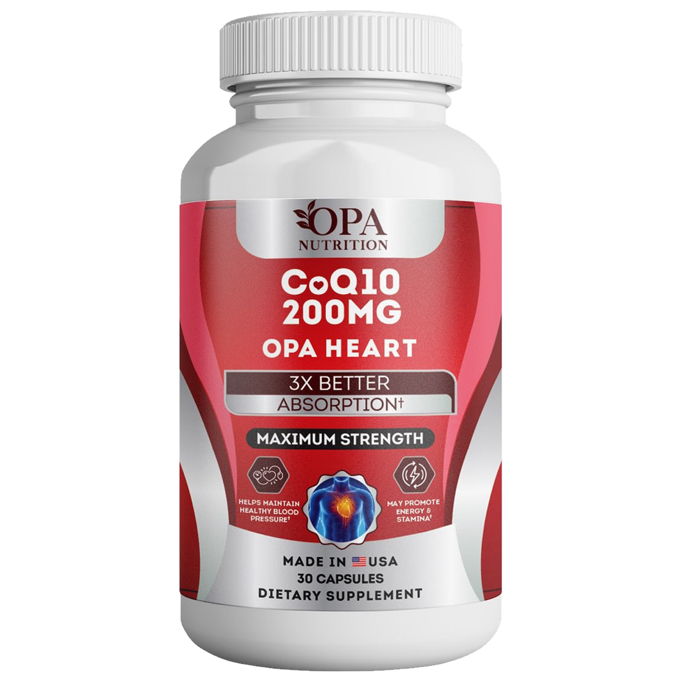 OPA HEART | Coenzyme CoQ10 200mg High Absorption Capsules - 30 Ct. Front ingredients